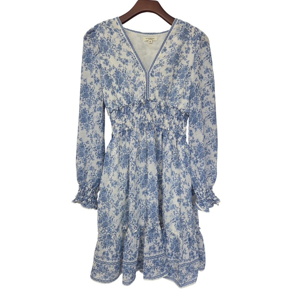 Max Studio London Dress Smocked Floral V-Neck Women XS White Blue NWOT 2905X63